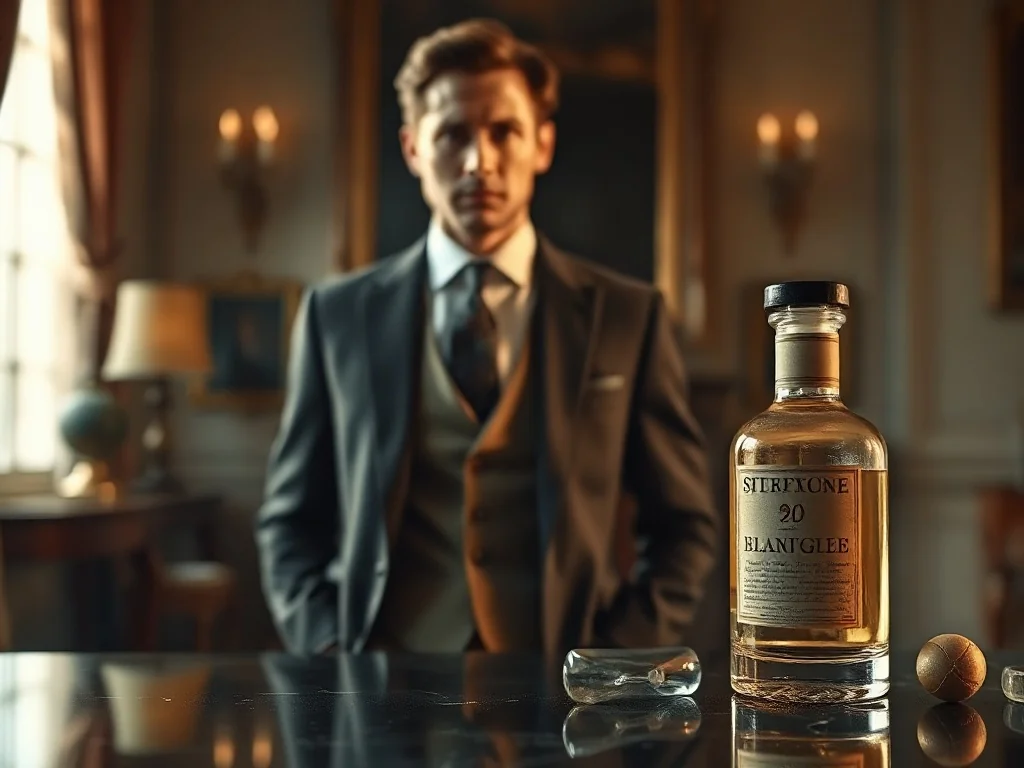 Klasyczna butelka wody toaletowej Paco Rabanne pour homme na marmurowym blacie w eleganckim, męskim gabinecie.