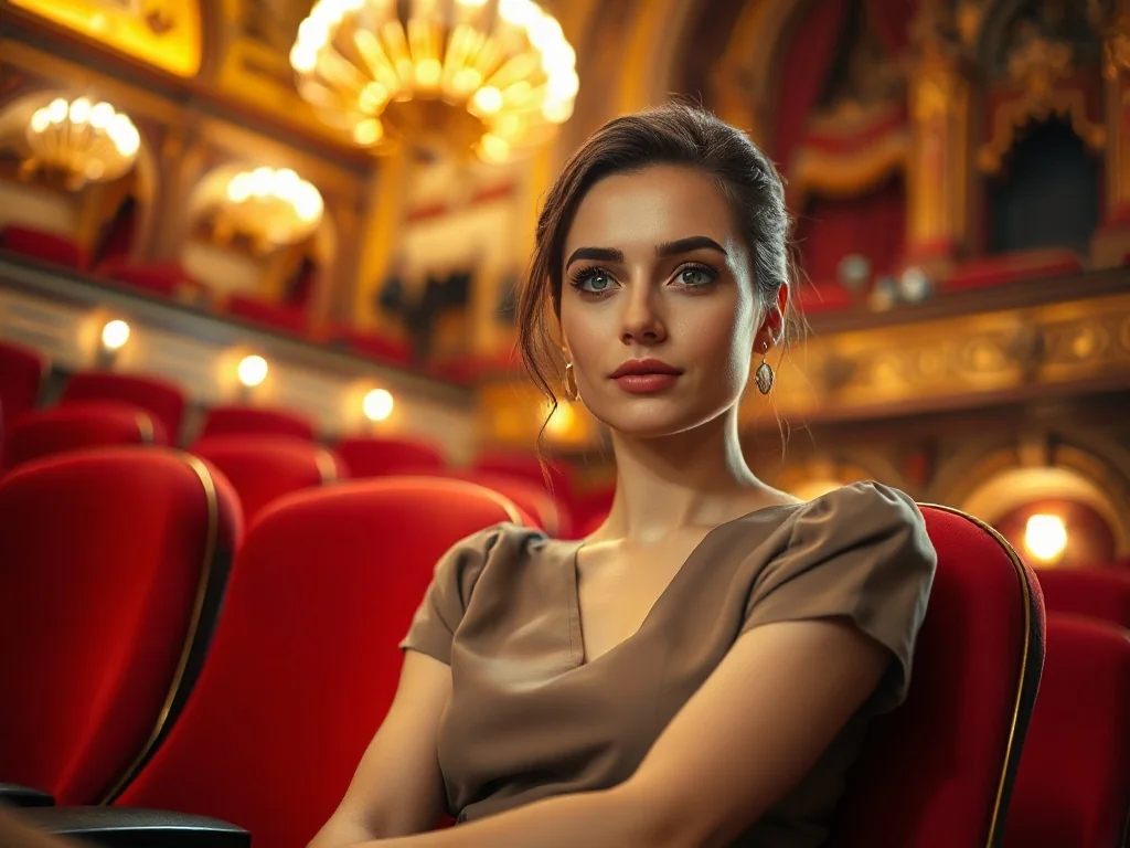 Elegancka kobieta w sukience typu smart-casual siedzi w fotelu teatralnym, prezentując stylizację idealną na komedię.