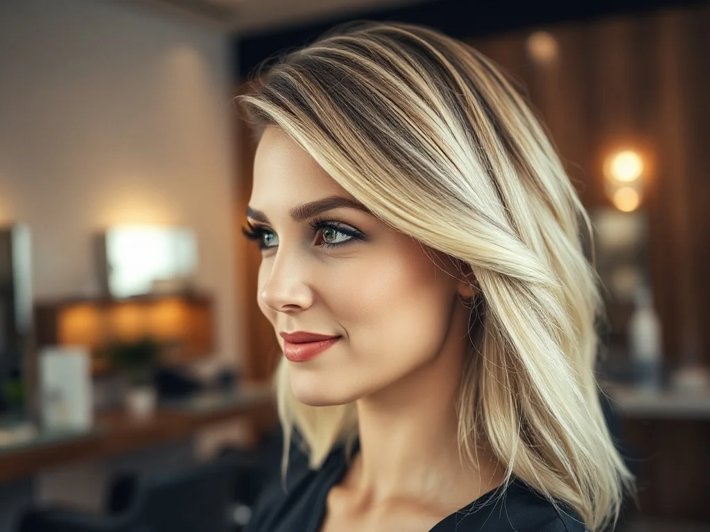 Kobieta z modną fryzurą typu „dark roots”, prezentująca płynne przejście od ciemnych odrostów do jasnego blondu.