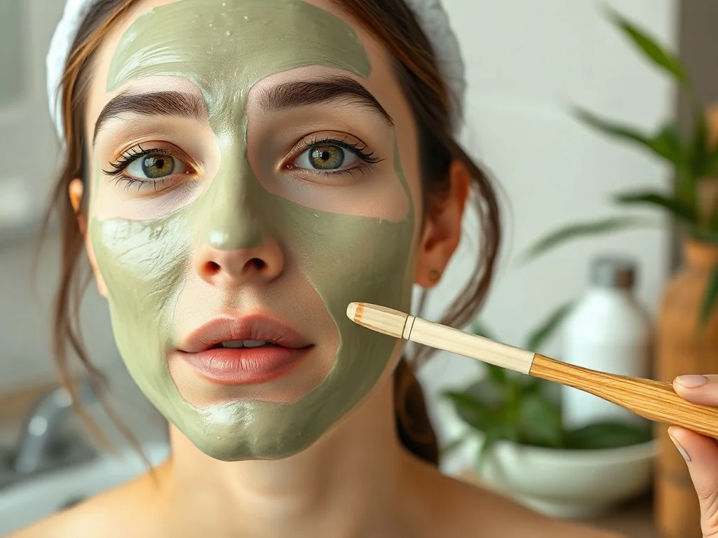 Kobieta nakłada kremową maskę z zielonej herbaty na twarz za pomocą drewnianej szpatułki w relaksującym otoczeniu spa.