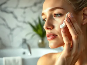 Kobieta masuje ramię szczotką z naturalnego włosia w jasnej, minimalistycznej łazience. Ilustracja techniki szczotkowania ciała.