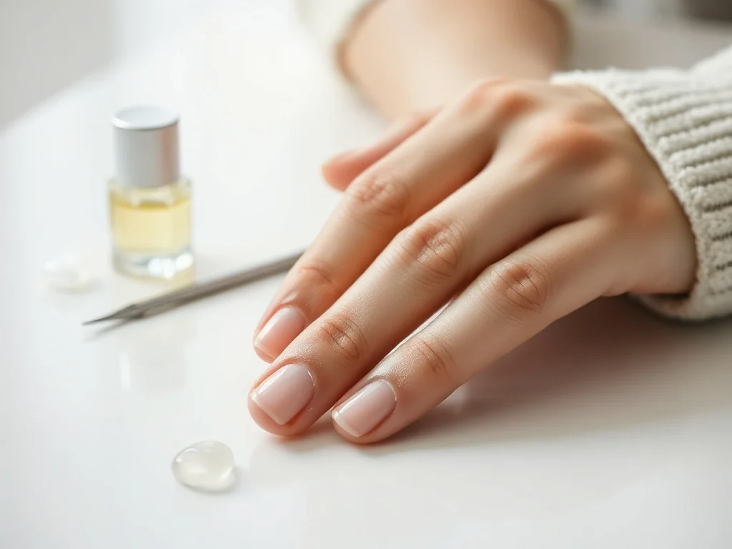 Zadbana dłoń z nałożonym żelem do usuwania skórek oraz zestawem do profesjonalnego manicure w tle.