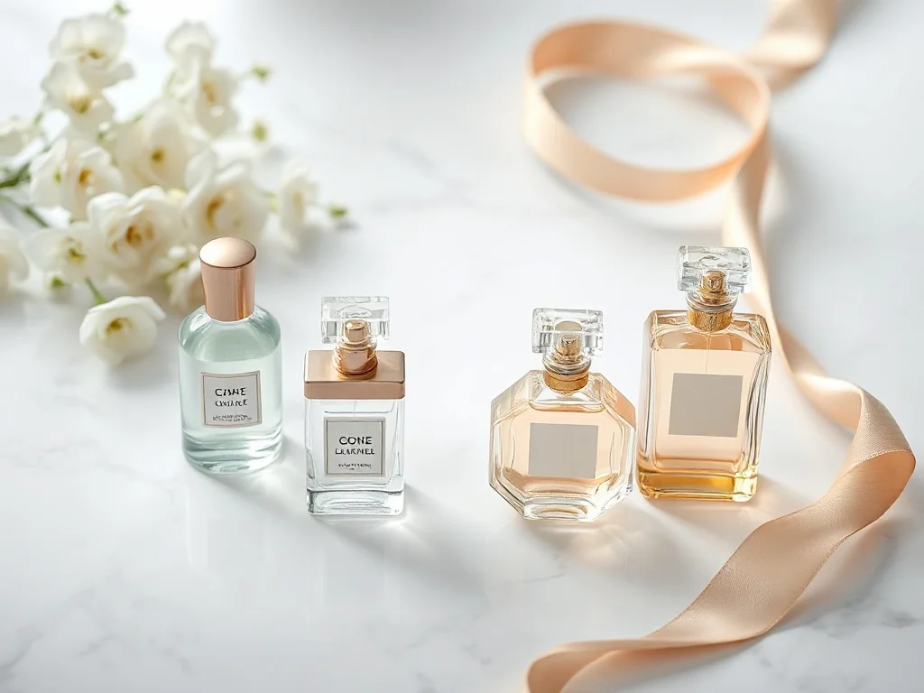 Eleganckie flakony perfum Calvin Klein na marmurowym blacie, otoczone białymi kwiatami i wstążką w luksusowym stylu.