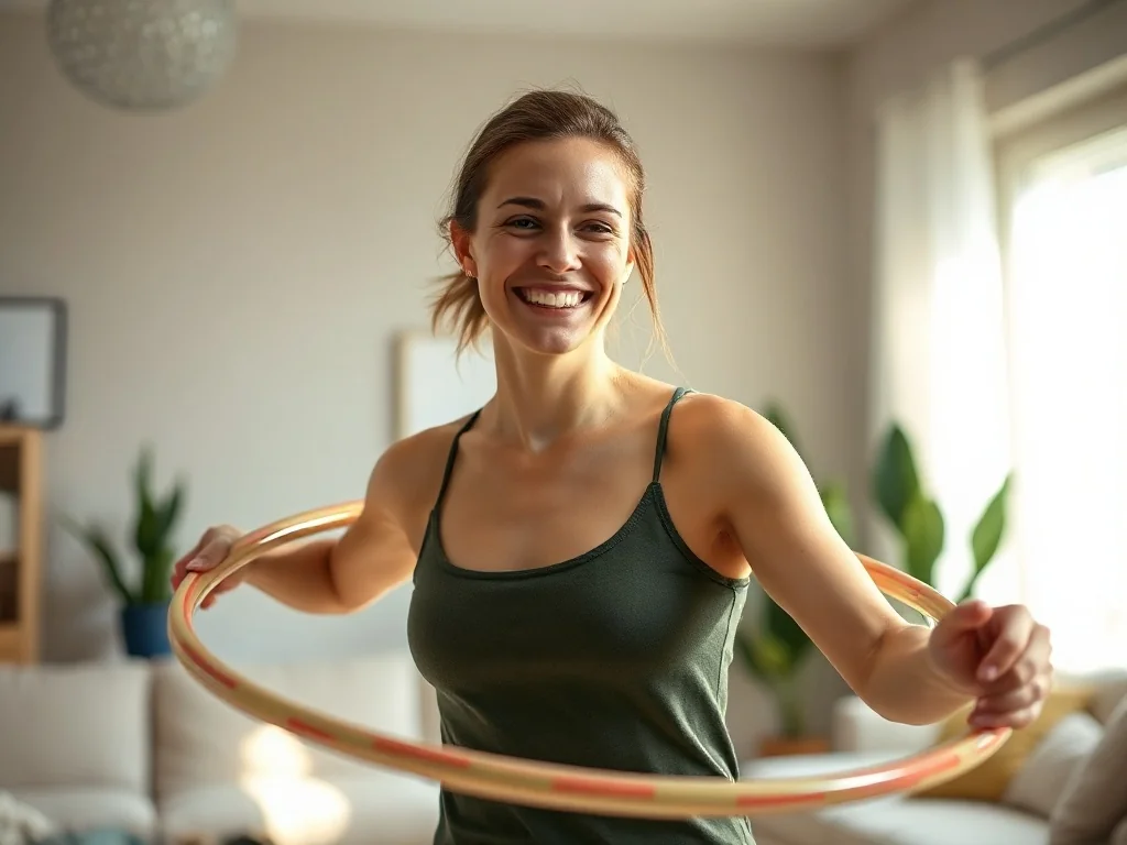 Uśmiechnięta kobieta ćwicząca z hula-hop w jasnym salonie, obrazująca efekty regularnego treningu.