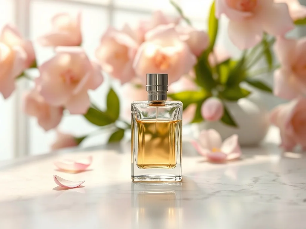 Elegancki flakon perfum La Rive Her Choice na marmurowym blacie w otoczeniu kwiatów i miękkiego światła.