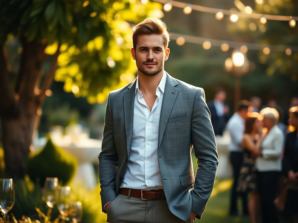 Elegancki mężczyzna w marynarce i spodniach typu chino na weselu w ogrodzie. Stylizacja smart-casual w ciepłym świetle.