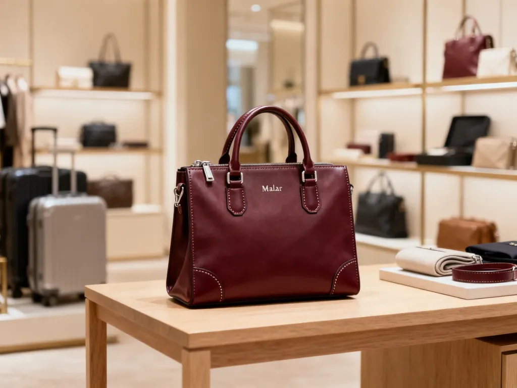 Elegancka skórzana torebka Malar Bags w odcieniach beżu i burgundu, wyeksponowana na minimalistycznym drewnianym stole.