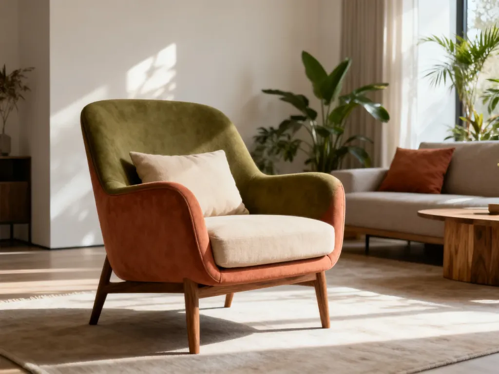 Elegancki salon w odcieniach fango, beżu i terakoty z drewnianymi akcentami, tworzący przytulną i nowoczesną aranżację.