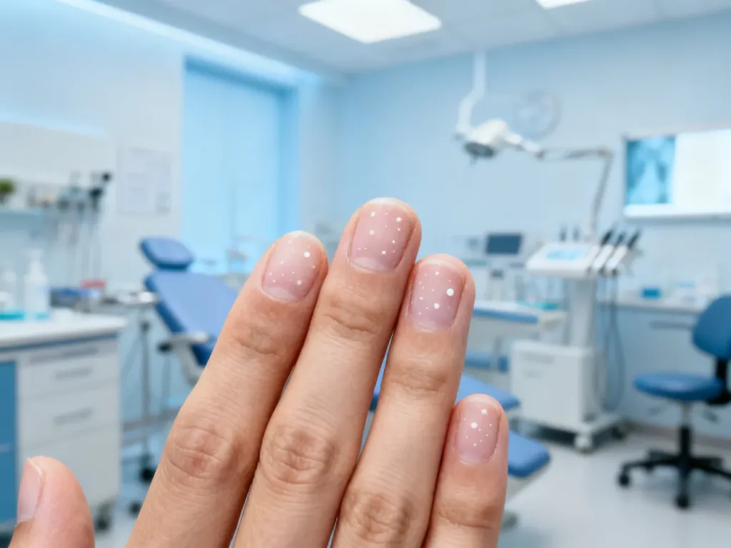 Dłoń z widocznymi białymi plamkami na paznokciach w gabinecie dermatologicznym. Ilustracja problemów z płytką paznokcia.