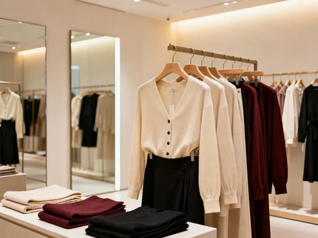Elegancka witryna butiku Amisu z nowoczesną odzieżą damską w stonowanej kolorystyce i minimalistycznym wnętrzu.