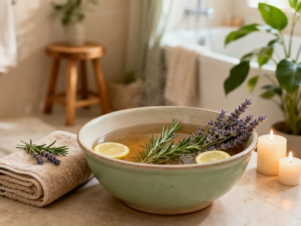 Ceramiczna miska z ziołową kąpielą do stóp z lawendą, rozmarynem i cytryną w przytulnej łazience.