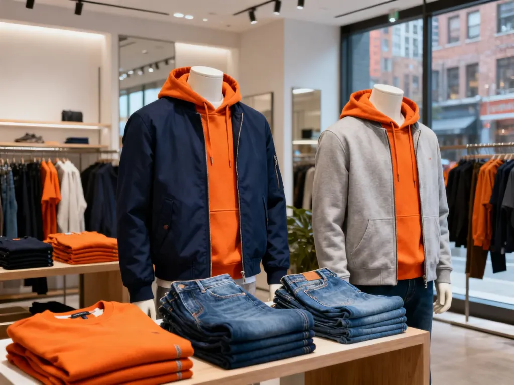 Wnętrze sklepu Superdry z uporządkowaną ekspozycją kurtek, bluz i jeansów w nowoczesnym, miejskim stylu.