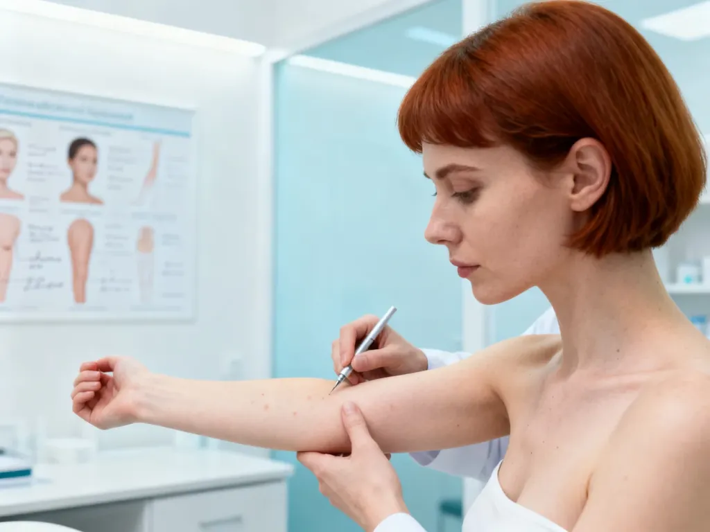 Dermatolog bada jasne plamy na przedramieniu pacjentki w profesjonalnym gabinecie lekarskim.