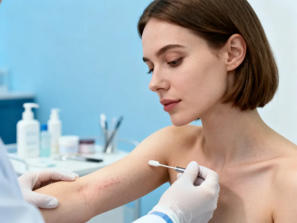Kobieta podczas konsultacji dermatologicznej ogląda zmiany skórne na przedramieniu w profesjonalnym gabinecie.