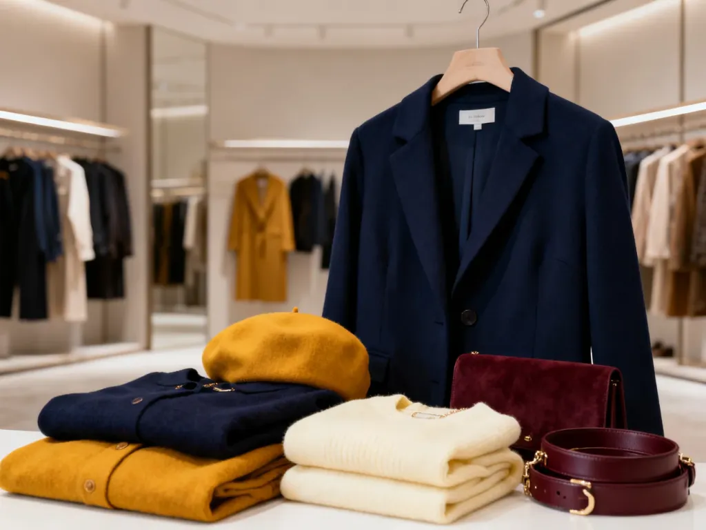 Elegancka stylizacja z granatowymi ubraniami zestawionymi z musztardowymi, kremowymi i bordowymi dodatkami.