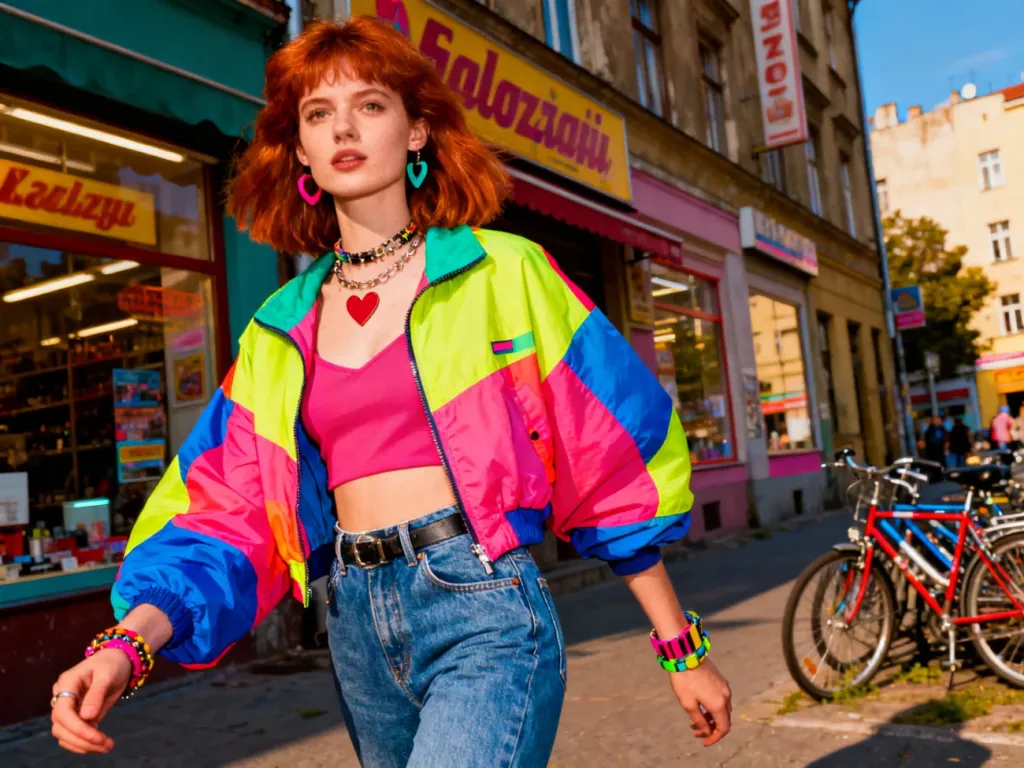 Kobieta w kolorowej kurtce oversize i jeansach z wysokim stanem na tle ulicy w stylu lat 80. w Polsce.