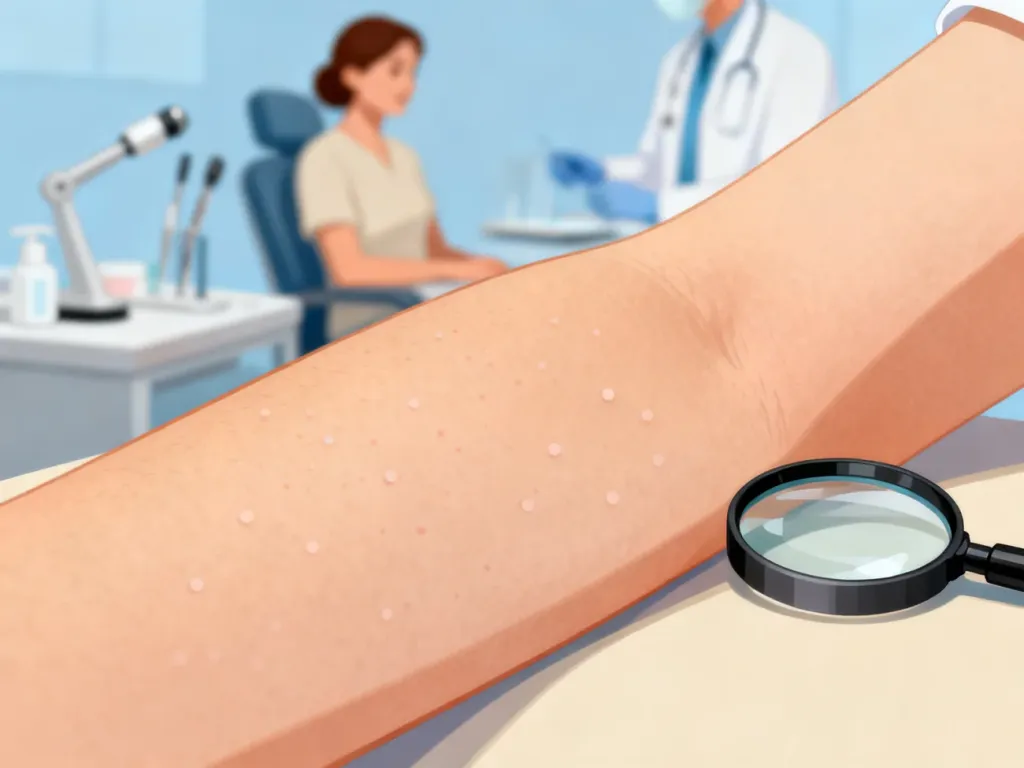 Ilustracja medyczna przedstawiająca wygląd plamek Fordyce’a na skórze w profesjonalnym gabinecie dermatologicznym.